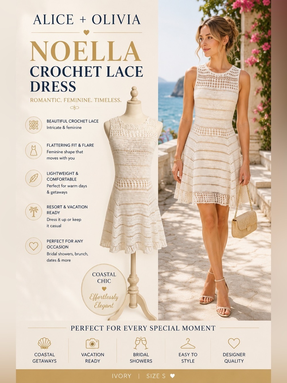 Alice + Olivia Noella Ivory Crochet Linen Dress S Resort Vacation Coastal Chic